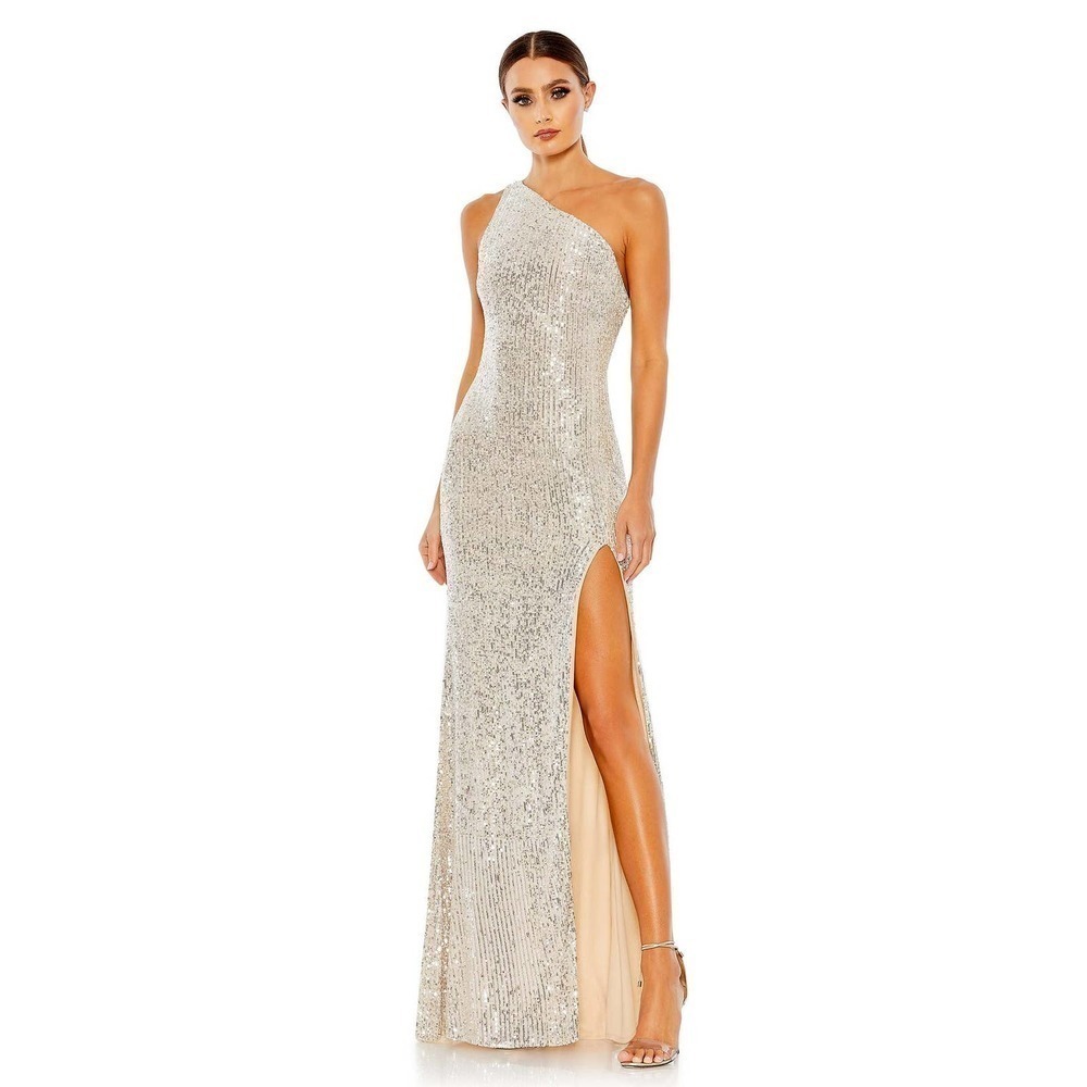 Mac Duggal Sequined One Shoulder Draped Back Gown Silver Size 10 NWOT